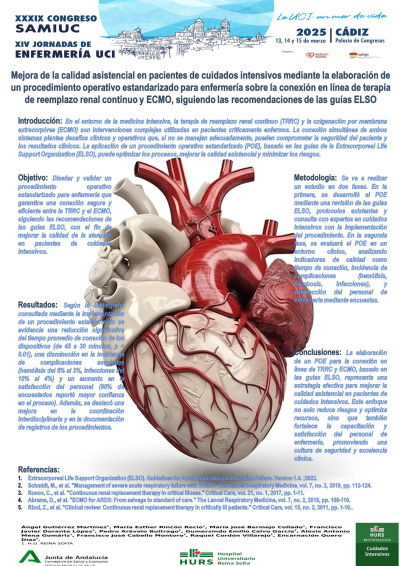 P.E.20. Mejora de la calidad asistencial en pacientes de cuidados intensivos mediante la elaboración de un procedimiento operativo estandarizado para enfermería sobre la conexión en línea de terapia de reemplazo renal continuo y ECMO, siguiendo las recomendaciones de las guías ELSO.